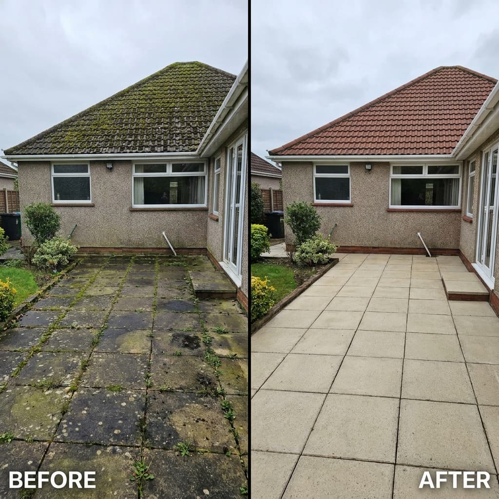 Roof and patio cleaning before and after